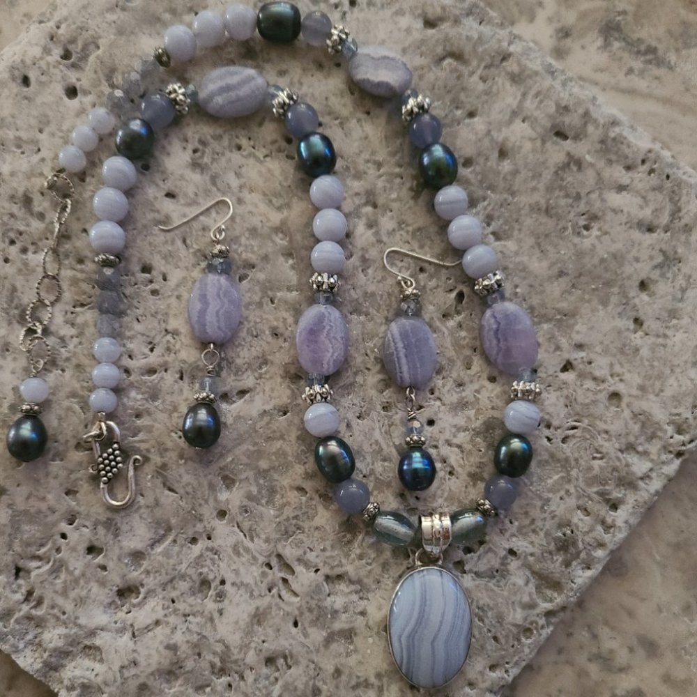 Blue Lace Agate Necklace Set